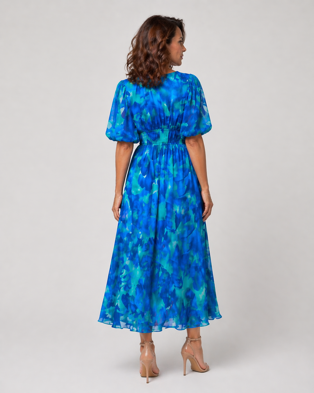 SERENA™|VESTITO MIDI FLUIDO CON SCOLLO A V E MANICHE MORBIDE