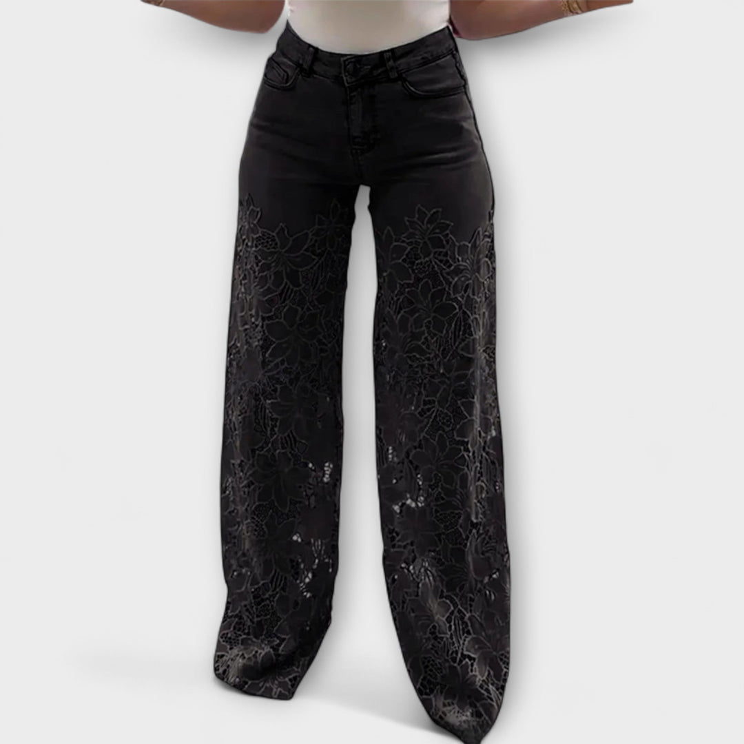 VIRELLE™|JEANS CON TRASPARENZA FLOREALE E GAMBA AMPIA