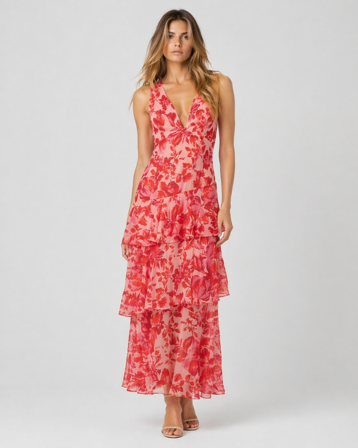 ELENA™|VESTITO MIDI FLOREALE A BALZE