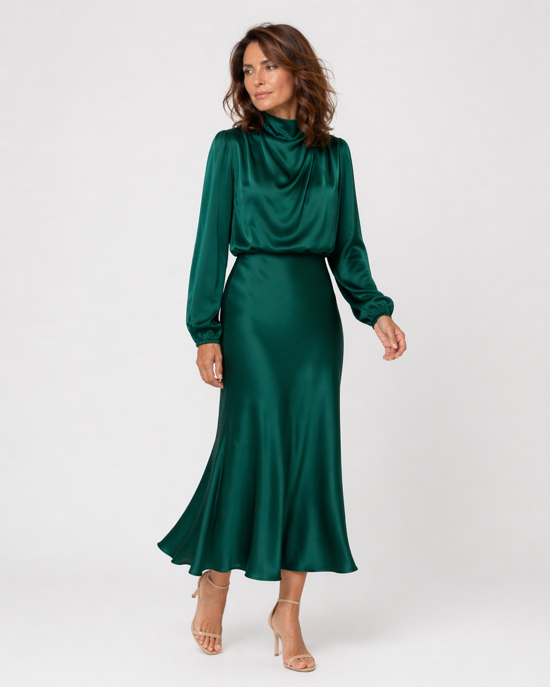 FIAMMETTA™|VESTITO MIDI SATINATO CON COLLO DRAPPEGGIATO