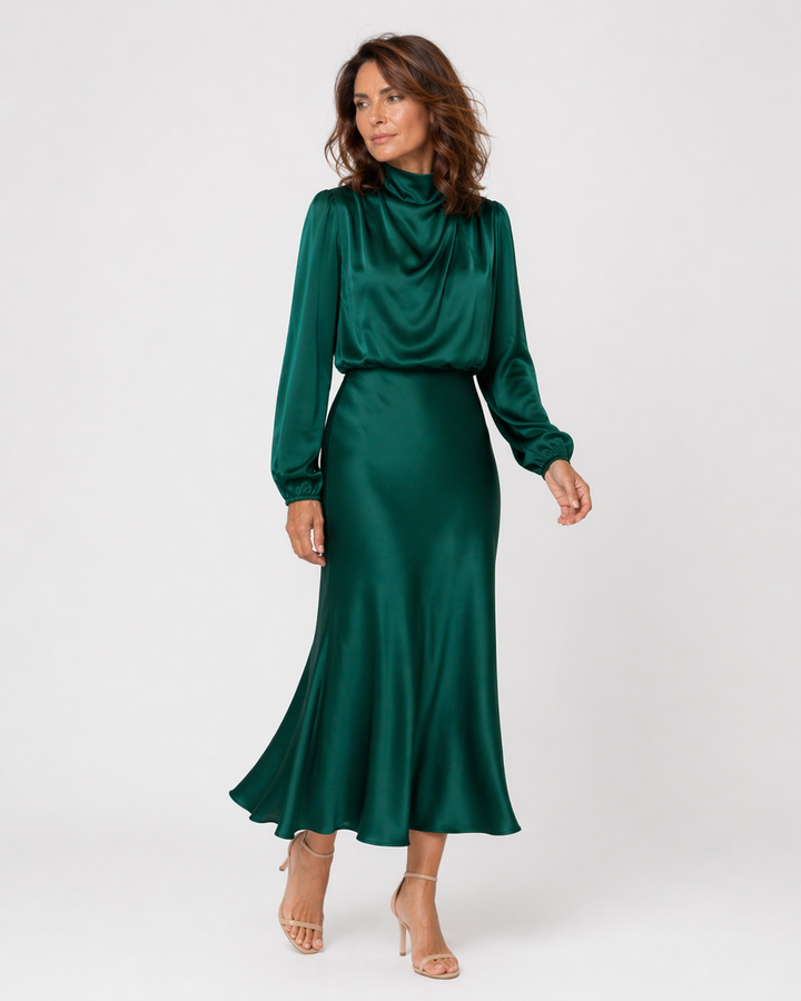 FIAMMETTA™|VESTITO MIDI SATINATO CON COLLO DRAPPEGGIATO