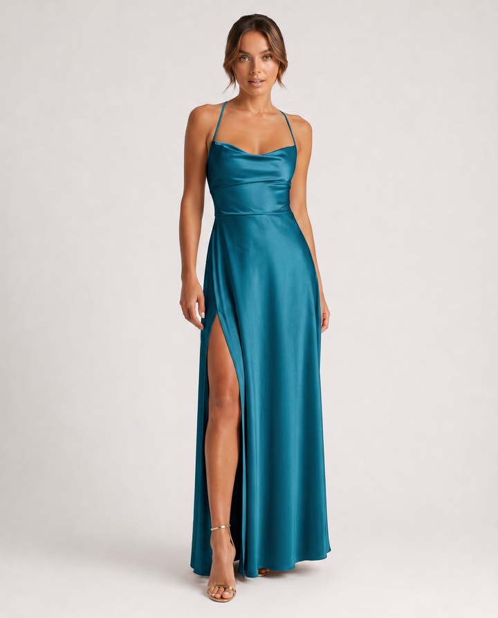 SERENA™|VESTITO LUNGO SATINATO CON SPACCO