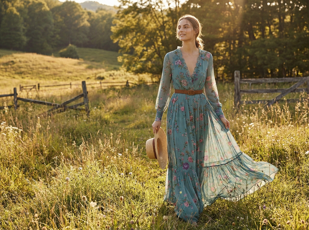 Women's Bohemian Floral Print Maxi Dress With Long Sleeves