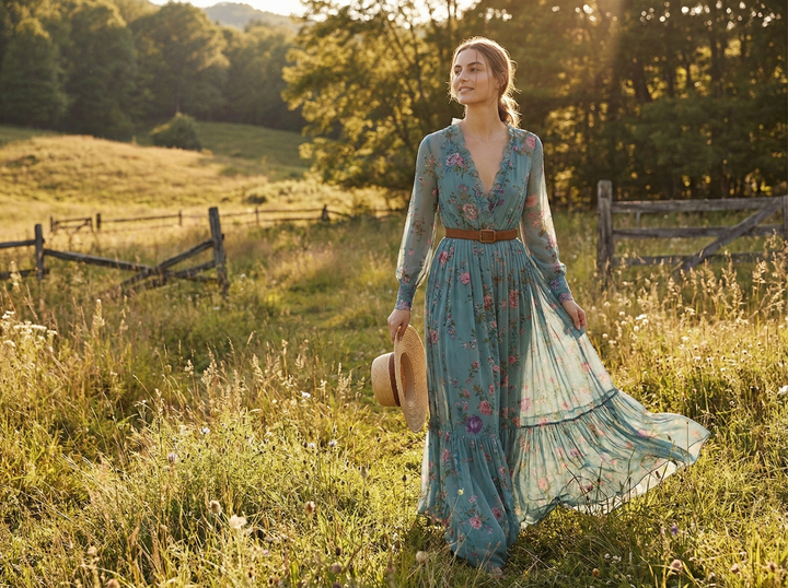 Women's Bohemian Floral Print Maxi Dress With Long Sleeves