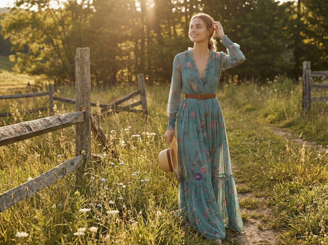 Women's Bohemian Floral Print Maxi Dress With Long Sleeves