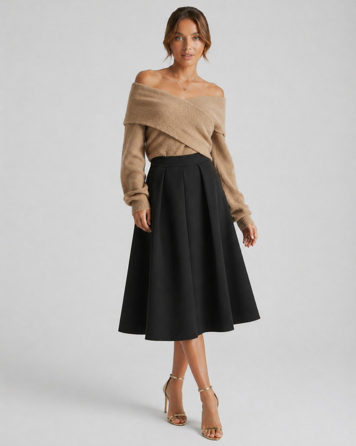 GIORGIA™|SET ELEGANTE CON MAGLIA INCROCIATA OFF-SHOULDER E GONNA MIDI